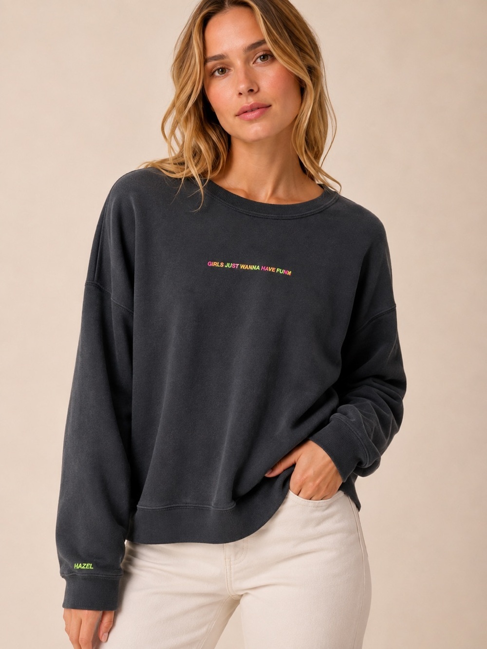 hazel Washed Black Crewneck Sweatshirt with Neon Script